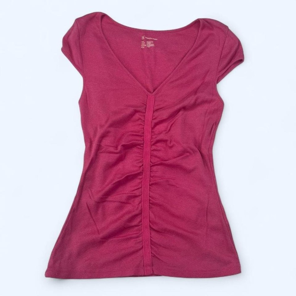 INC International Concepts Pink Ruched T Shirt with V-neckline Size Large‎ y2k